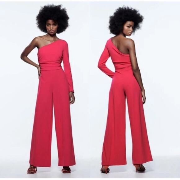 NWT Zara One Shoulder Wide Leg Jumpsuit Medium Pink Fuschia 70s Retro Hippie - Picture 1 of 8